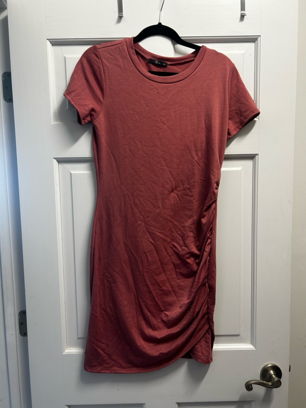 Ruched Side Short Sleeve Midi Dress - Mauve Pink
